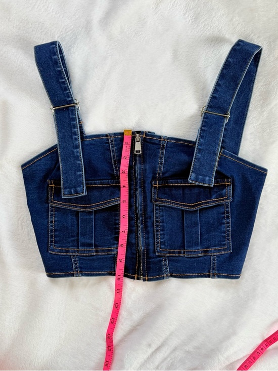 Denim Zip-Front Crop Vest Top Stretchy with Pockets and Adjustable Straps Small - Picture 7 of 7